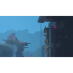 Post-apocalyptic city skyline in blue haze with crumbling structures and pink neon accents, a cat perched on a ledge to the right.