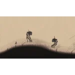 Desert scene with two tall, spindly creatures and a small black cat in a pale, hazy landscape.