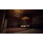 Dimly lit antique bedroom with a four-poster bed and a chandelier in a decayed, old mansion interior.