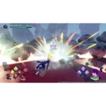 Character in action RPG unleashing a large explosion against rock formations; combat HUD visible with health bars and icons.