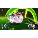 In-game battle scene showing a large white blob-like boss fighting two characters in a neon-green arena, with health bars and skill icons visible in the HUD.