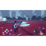 Player character with blue hair and wings attacks a floating foe in a red arena battle scene.
