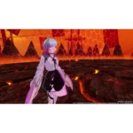Anime-style girl in a white blouse and black skirt stands on a lava-filled landscape with molten rocks and a hexagonal barrier in the background.