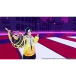 Anime-style woman in a yellow jacket on a neon-lit stage, clutching a tangled golden weapon.