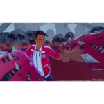 Young hero in a red jacket confronts two pink, spiked dragons in a dark battlefield lined with skulls in the background.