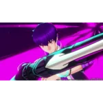 Anime-style male fighter with purple hair wielding a glowing large sword against a neon pink-purple background, mid-action pose.