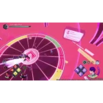 Character unleashes a pink energy attack in a neon circular arena with HUD elements and small enemies nearby