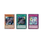 Three Yu-Gi-Oh cards in a row: left orange-bordered Fiend/Effect card, center Wicked Canon (Spell), right Hope for the Future (Trap).