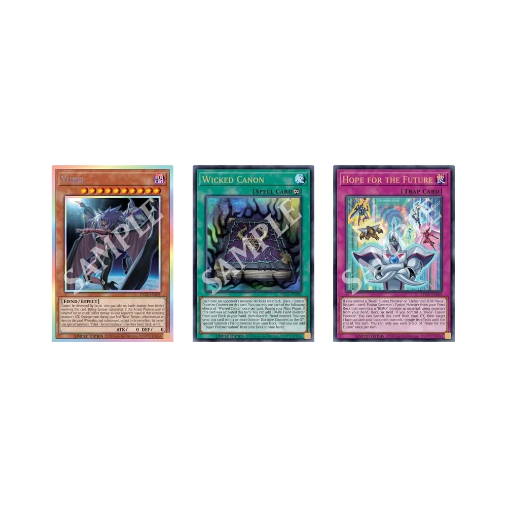 Three Yu-Gi-Oh cards in a row: left orange-bordered Fiend/Effect card, center Wicked Canon (Spell), right Hope for the Future (Trap).