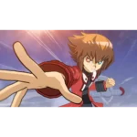 Anime-style boy in a red jacket lunging toward the viewer with his arm outstretched in an action pose.