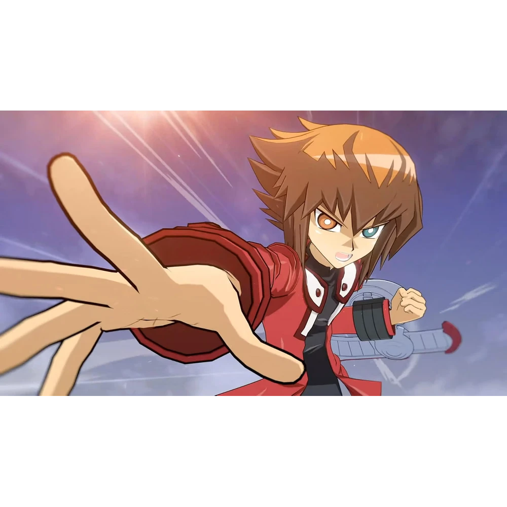 Anime-style boy in a red jacket lunging toward the viewer with his arm outstretched in an action pose.