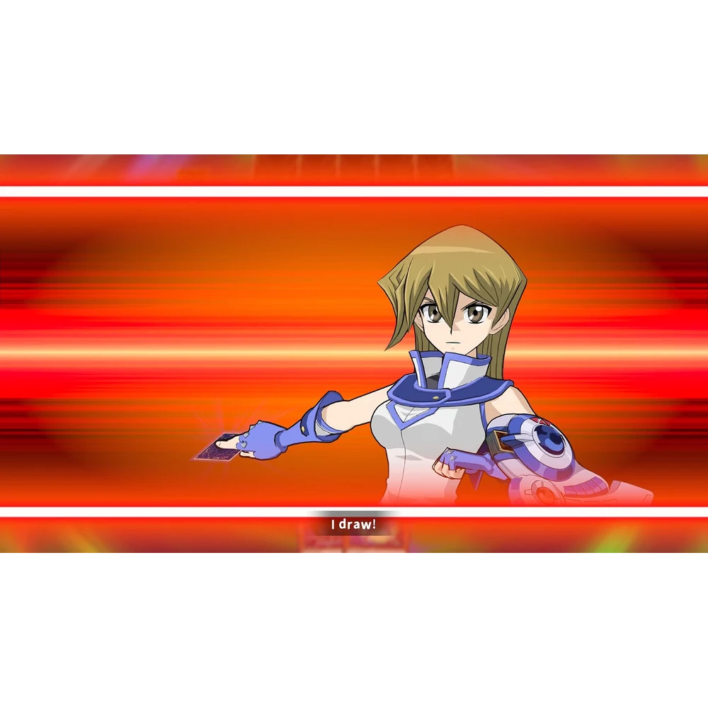 Anime-style female duelist in white armor extends a card, with speed lines and a glowing orange-red background; caption reads 'I draw!'