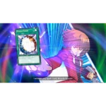 Yu-Gi-Oh duelist in a red hoodie activating the Spell Card 'Miracle Fusion' amid bright energy bursts.