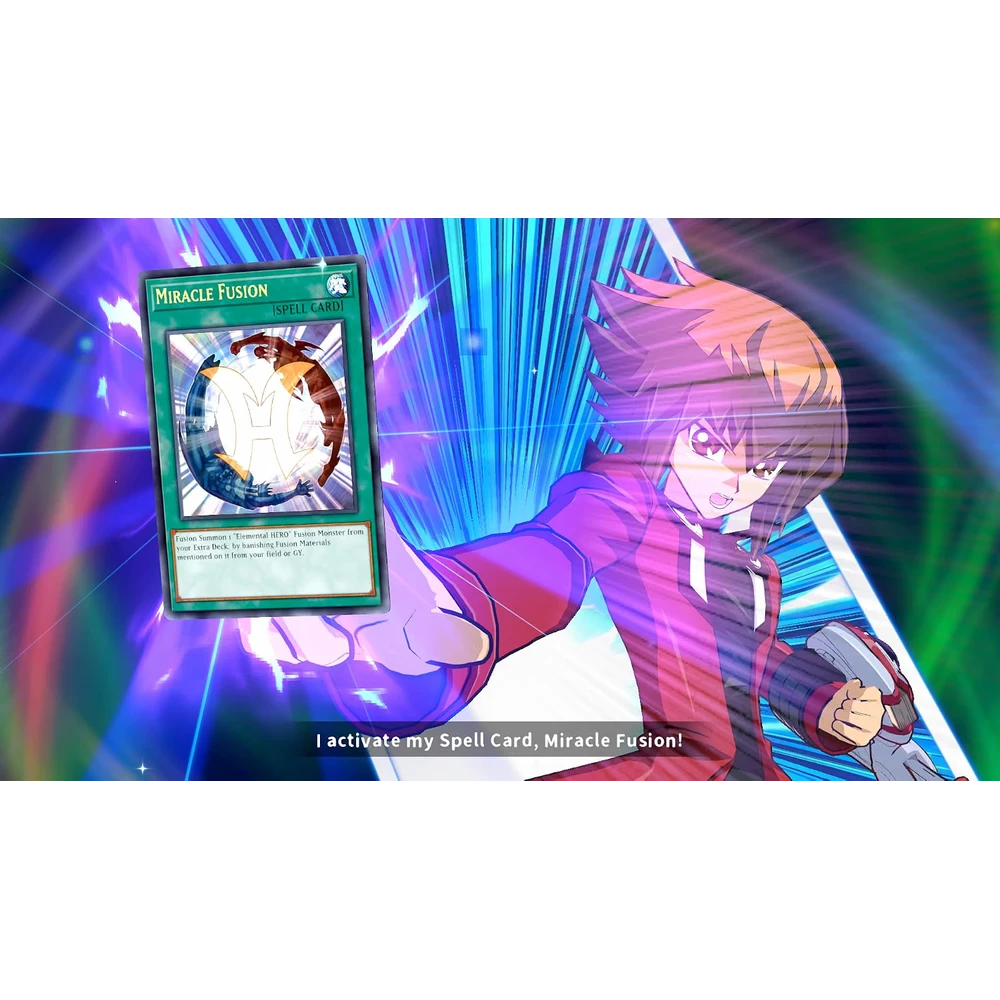 Yu-Gi-Oh duelist in a red hoodie activating the Spell Card 'Miracle Fusion' amid bright energy bursts.