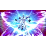 Superpowered armored humanoid soaring forward with a bright blue-white energy blast surrounding them in a dramatic burst. action pose in battle scene.