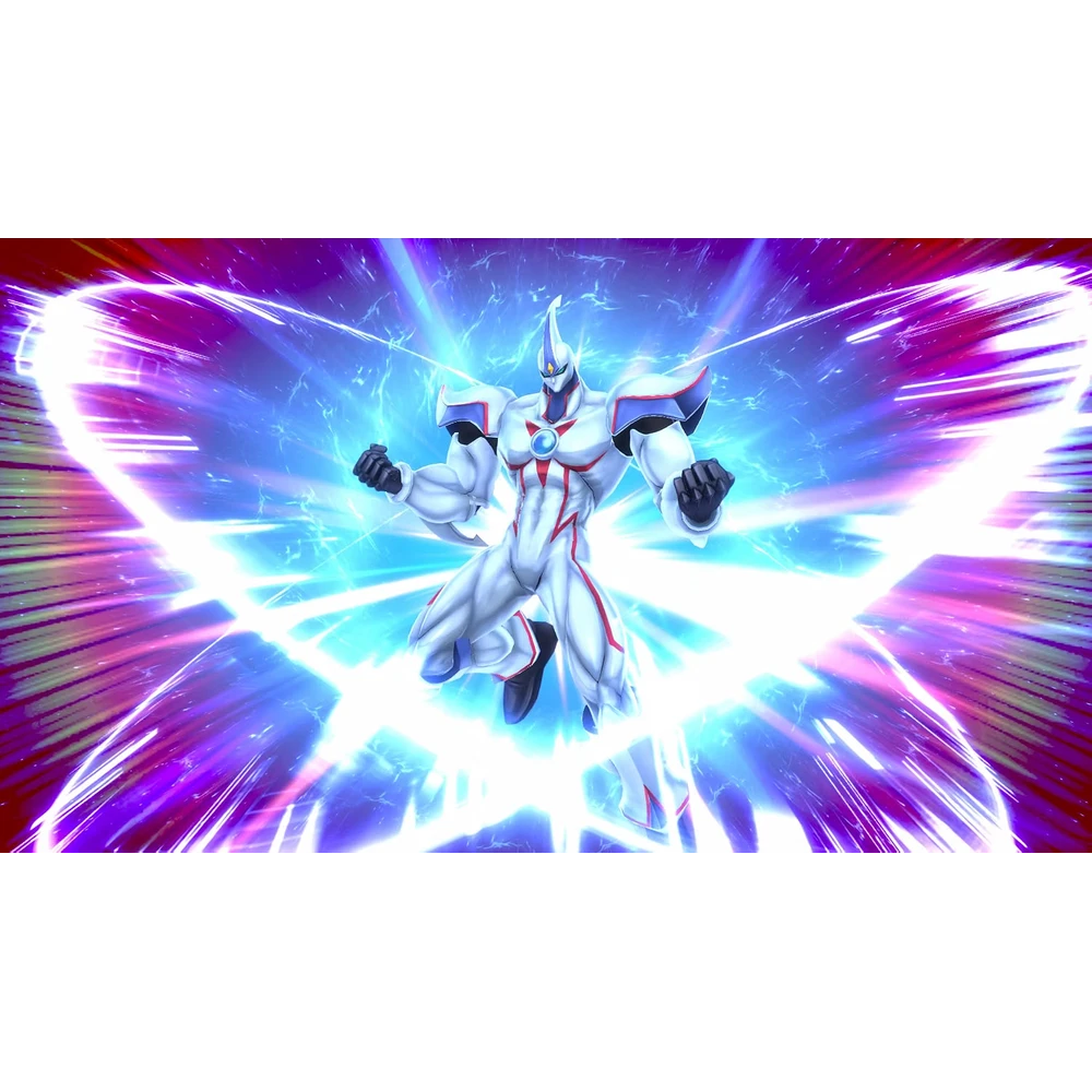 Superpowered armored humanoid soaring forward with a bright blue-white energy blast surrounding them in a dramatic burst. action pose in battle scene.