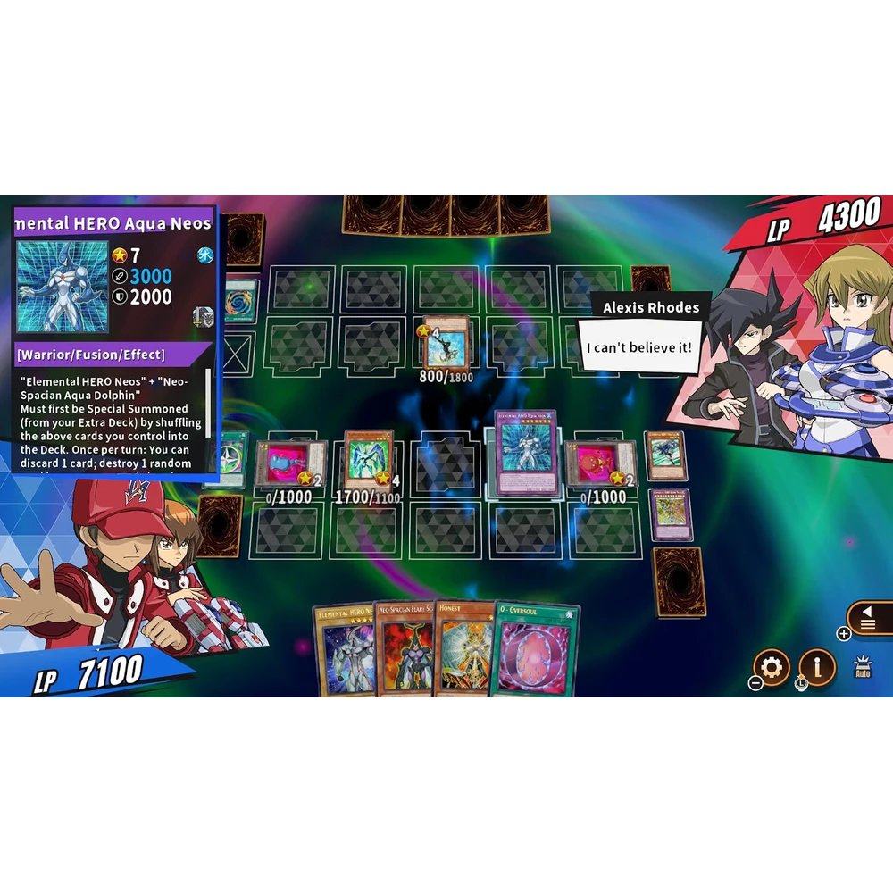 Yu-Gi-Oh! Duel Links duel screenshot with player fields, life points (LP 7100 vs 4300), and cards on the board; speech bubble says 'I can't believe it!'