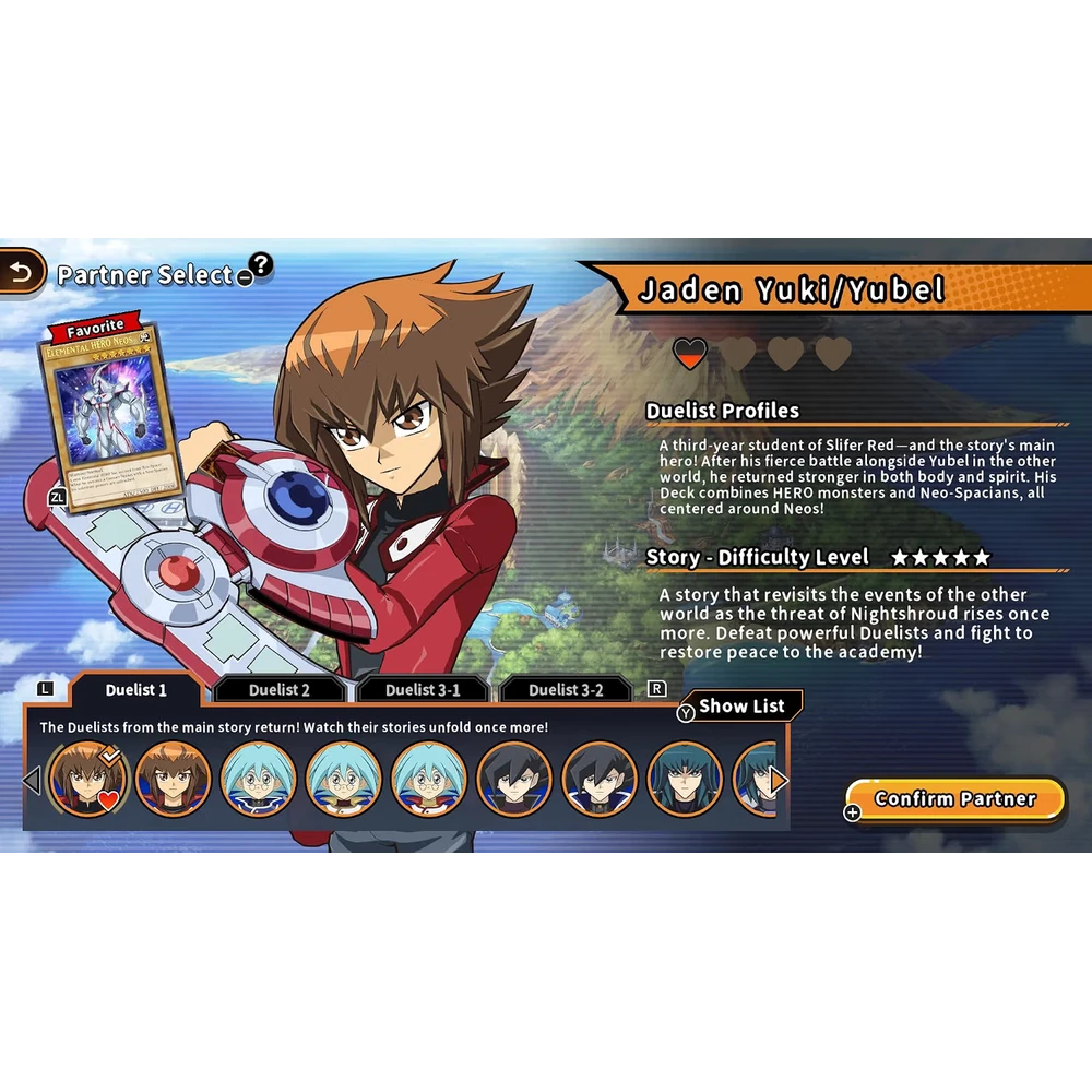 Screenshot from a Yu-Gi-Oh! Duel Links partner selection screen showing Jaden Yuki with his duel disk and a row of partner avatars at the bottom, plus a 'Confirm Partner' button on the right.
