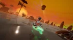 Cartoon prisoner-like character in striped outfit glides on a glowing green ring across an orange sunset sea with stylized islands and palm silhouettes in the background.