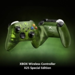Transparent green Xbox Wireless Controller X25 Special Edition, shown from front-left with glowing green backdrop and white XBOX text at bottom
