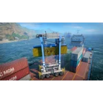docked_ps5_02__322811791916643 - Video Game Depot Yellow shipping container being lifted by a large gantry crane on a cargo ship at sea.