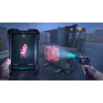 docked_ps5_06__840911791916643 - Video Game Depot Person uses a handheld scanner to inspect a pink chair model on a tablet screen in a rainy warehouse with a forklift nearby (PART, STATUS: MISMATCH).