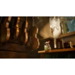 A cozy workshop with several violins hanging on a wooden wall and a small toy mouse on a shelf beside jars.