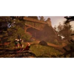Animated scene: three backpack-wearing mice stand on a rock in a sunlit forest clearing near a rustic wooden cottage.