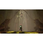 Small rat wearing a green backpack stands in a mossy forest clearing, framed by curved tree roots forming an arch.