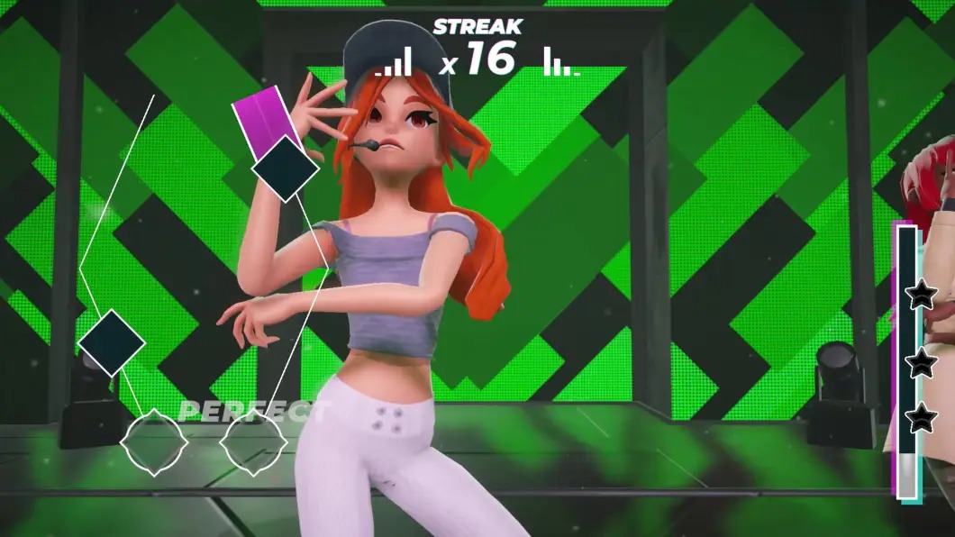 Animated female dancer with orange hair wearing a purple top and white pants performing a dance move on a green geometric stage, with