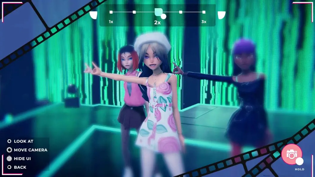 Three animated characters pose on a neon-lit dance club stage with a camera control overlay and on-screen menu options in the corners.