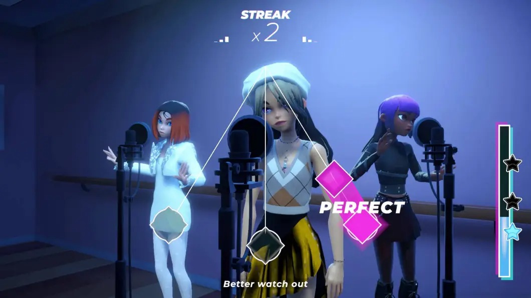 Three animated singers in a recording studio performing; streak x2 and perfect hit indicators visible.