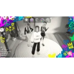 Three cartoon avatars pose on a circular rug in a grayscale room, with bright graffiti borders and on-screen game controls visible.
