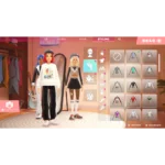 In-game character customization screen with three avatars and clothing options grid on the right.