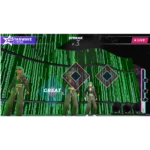 Three CGI dancers perform on a neon green stage with diamond rhythm notes moving toward the center.