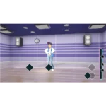 Animated character performs a pose in a purple dance studio with rhythm game UI hints (diamond notes and right-side progress bar).